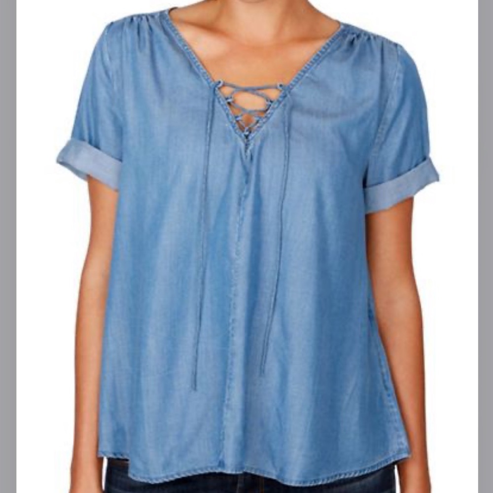 Lucky Brand Blue Chambray Lace Up Blouse